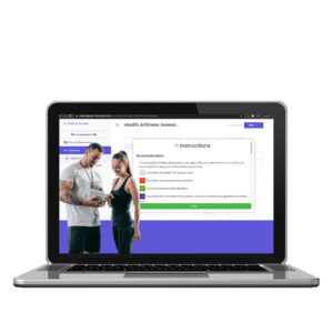 FREE Health & Fitness Assessment | Images shows a laptop and on the screen, there is the page for the Health & fitness assessment, as well as a personal Trainer holding a clipboard and talking to a client | Fit4Mii Online Fitness Training App