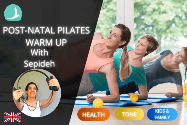 Course Cover Photo for Post-natal Pilates, shows a head shot of the trainer (Sepideh). In the background, there are 3 ladies performing a Pilates workout | Fit4Mii Fitness App