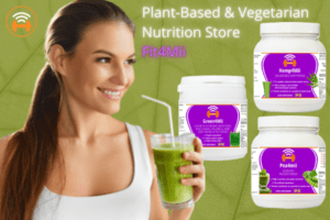 Image of Woman enjoying a tasty vegan Green protein Juice Shake / smoothie. Images of Fit4Mii Protein shakes in the background | Products featured: Vegan / Plant-based Pea, Hemp & Green Smoothie Powders| Fit4Mii