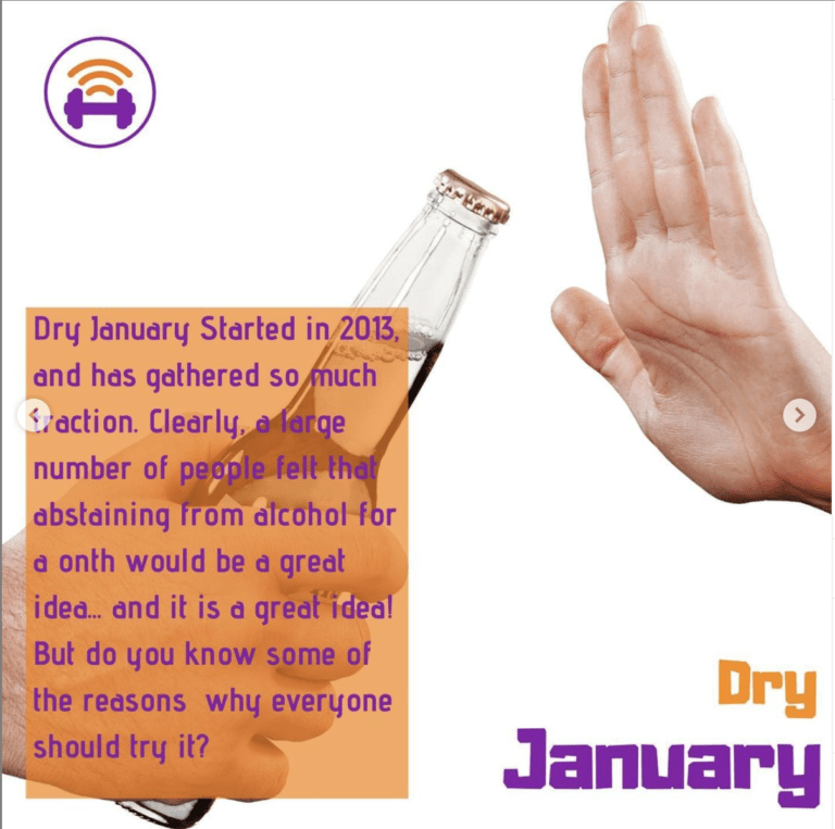 slide that shows hand up and turning away a beer. Caption reads "Dry January Started in 2013, and has gathered so much traction. Clearly, a large number of people felt that abstaining from alcohol for a month would be a great idea... and it is a great idea! But do you know some of the reasons why everyone should try it?" | Fit4Mii