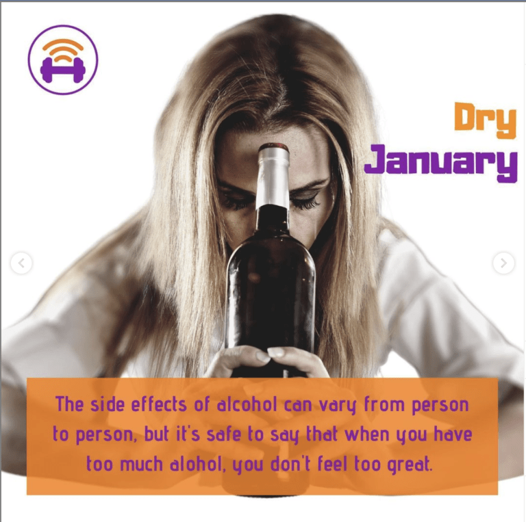 Woman leaning her head on a bottle of wine. The woman looks dishevelled and hungover. Caption reads "The side effects of alcohol can vary from person to person, but it's safe to say that when you have too much alcohol, you don't feel too great." | Fit4Mii