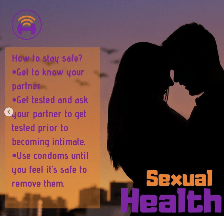 Sexual Health: Image of silhouette of a couple against a dusk backdrop. The couple are embracing each other.. Read caption for text overlay