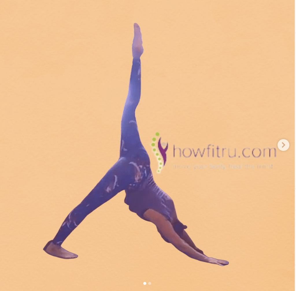 Image of Alex Yogi Performing a asana with leg raised, background is peach coloured. Image of HowFitRU.com logo