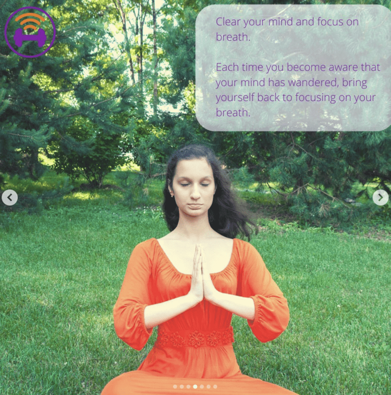 Woman meditating with caption "clear your mind and focus on each breath. Each time you become aware that your mind has wandered, bring yourself back to focusing on your breath"