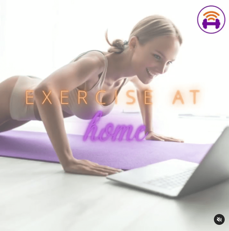 White Image card showing a woman performing a push up exercise, whilst watching a workout video on her laptop. Caption reads "Exercise at home"