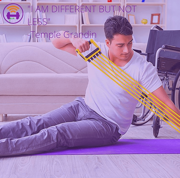 Lilac image card showing a white man sitting on the floor and using resistance bands to train his upper body. In the background, there is a wheelchair that the man uses. Quote 11: "I am different, but not less" -Temple Grandin