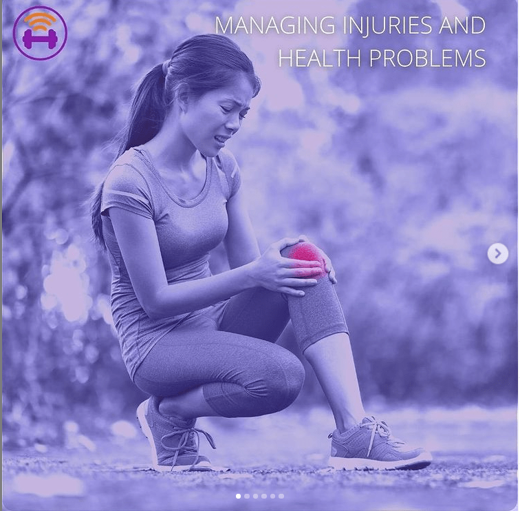 Purple Image card of a women who is kneeling and rubbing a red patch (to indicate pain) on her knee. caption reads"Managing injuries and health problems"