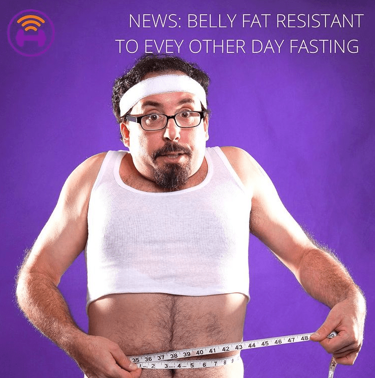 purple background with a man measuing his waist. the text next to him reads ¨news: belly fat resistant to every other day fasting¨