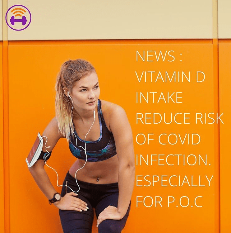 orange background. a woman leans on the wall. next to her there is text, the text reads ´news: vitamin d intke reduce risk of covid infection especially for people of colour´