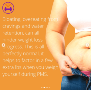 Orange image card with a close up of a bloated stomach, the person is struggling to close the zip on their jeans