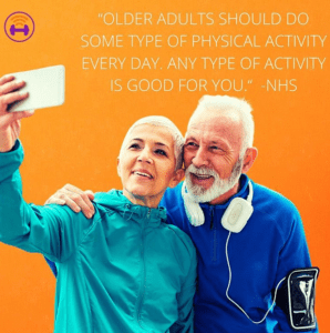 Orange image quote card showing an older couple in sportswear, taking a selfie with their phones.