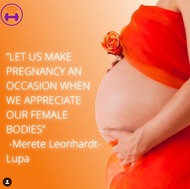 orange background. there is a pregnant woman on the post next to white text. The text reads ´let us make pregnancy an occasion when we appreciate our female bodies´ the quote is from merete leonhardt-lupa