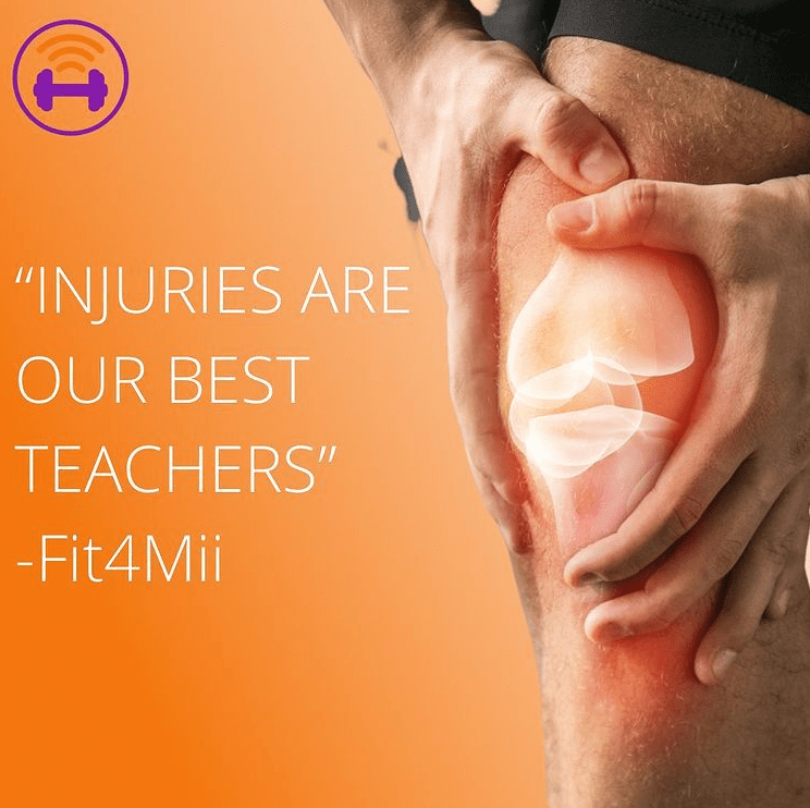 orange card with a picture of a leg next to text. The text reads ´injuries are our best teachers´ the quote is from fit4mii