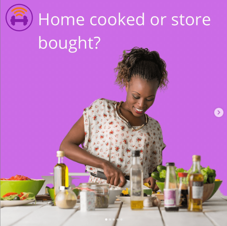 purple card with woman preparing food. the text reads ¨homr cooked or store bought ?