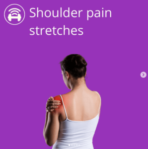 Purple Image card reading "shoulder pain stretches". Image shows a lady wearing a vest. The woman is viewed from behind and is rubbing her shoulder. The shoulder is highlighted in red to indicate pain | Fit4Mii App