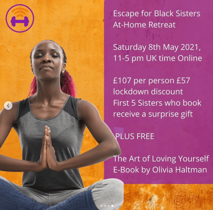 Black Sister's online health and fitness retreat. Image has a black woman meditating