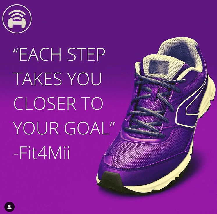Purple image card showing one sneaker, Quote 21: “Each step takes you closer to your goal”