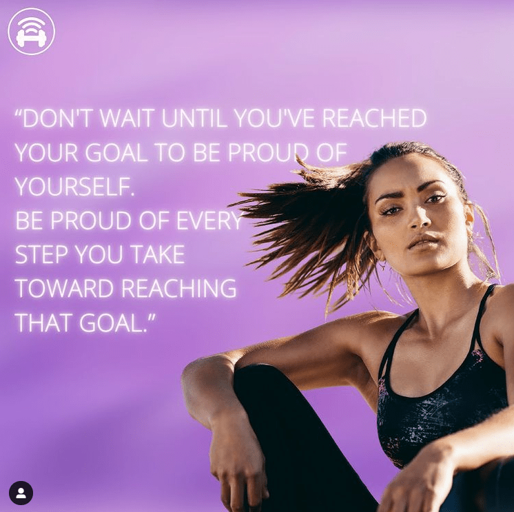 Lilac image card with woman in fitness clothes, with hair blowing in the wind. Quote 27: “Don’t wait until you have reached your goal to be proud of yourself. Be proud of every step you take towards reaching that goal”