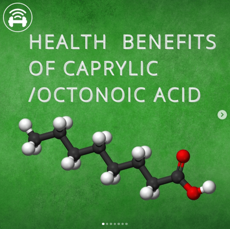 green background with white text. the text reads 'health benefits of caprylic/octonoic acid