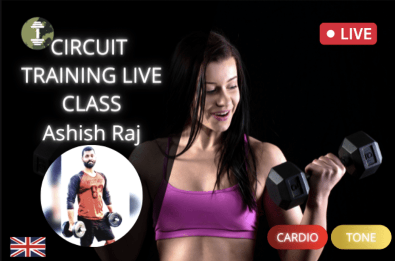 Image for online fitness class cover Circuit training Live with Ashish Raj, shows an image of Ashish and a woman working out with a dumbbell