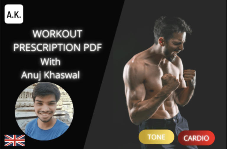 Image for online fitness class cover for 1 month workout prescription course with Anuj Khaswal. In the course cover, there is a head shot of Anuj, and an image of a shirtless muscular man cheering | Fit4Mii App