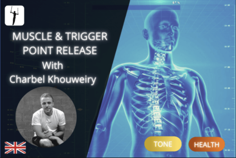 Image for online fitness class cover for muscle and trigger point release course. Shows Charbel (instructor), and an illustration of the human body, in blue, and semi transparent