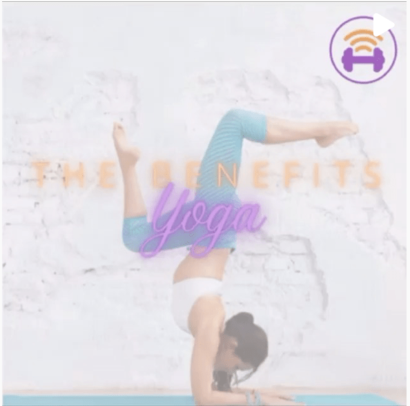 Image shows a woman doing a yoga headstand with text "The Benefits of Yoga" | Fit4Mii App