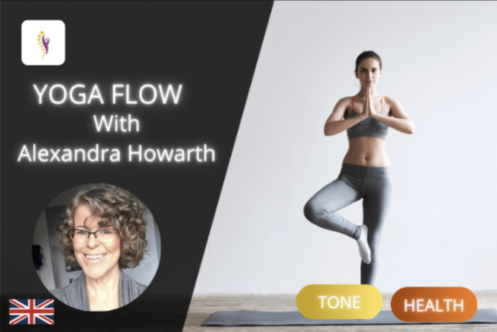 Corver cover image card for Yoga Flow with Alexandra Howarth, image of Alex's head shot and a image of a lady doing an asana