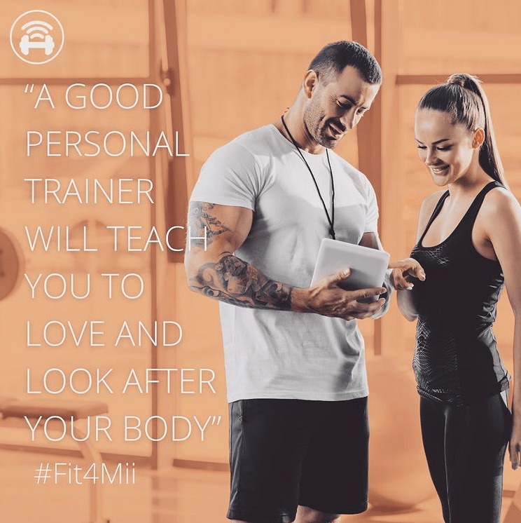 orange image card. Shows a personal trainer discussing items on a clipboard, with his client. Both people look happy. Quote 30: "a good Personal Trainer Will Teach You To Love And Look After Your Body" -Fit4Mii