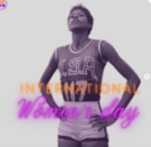grey background with a woman standing. the text in front of her reads ¨international women´s day¨