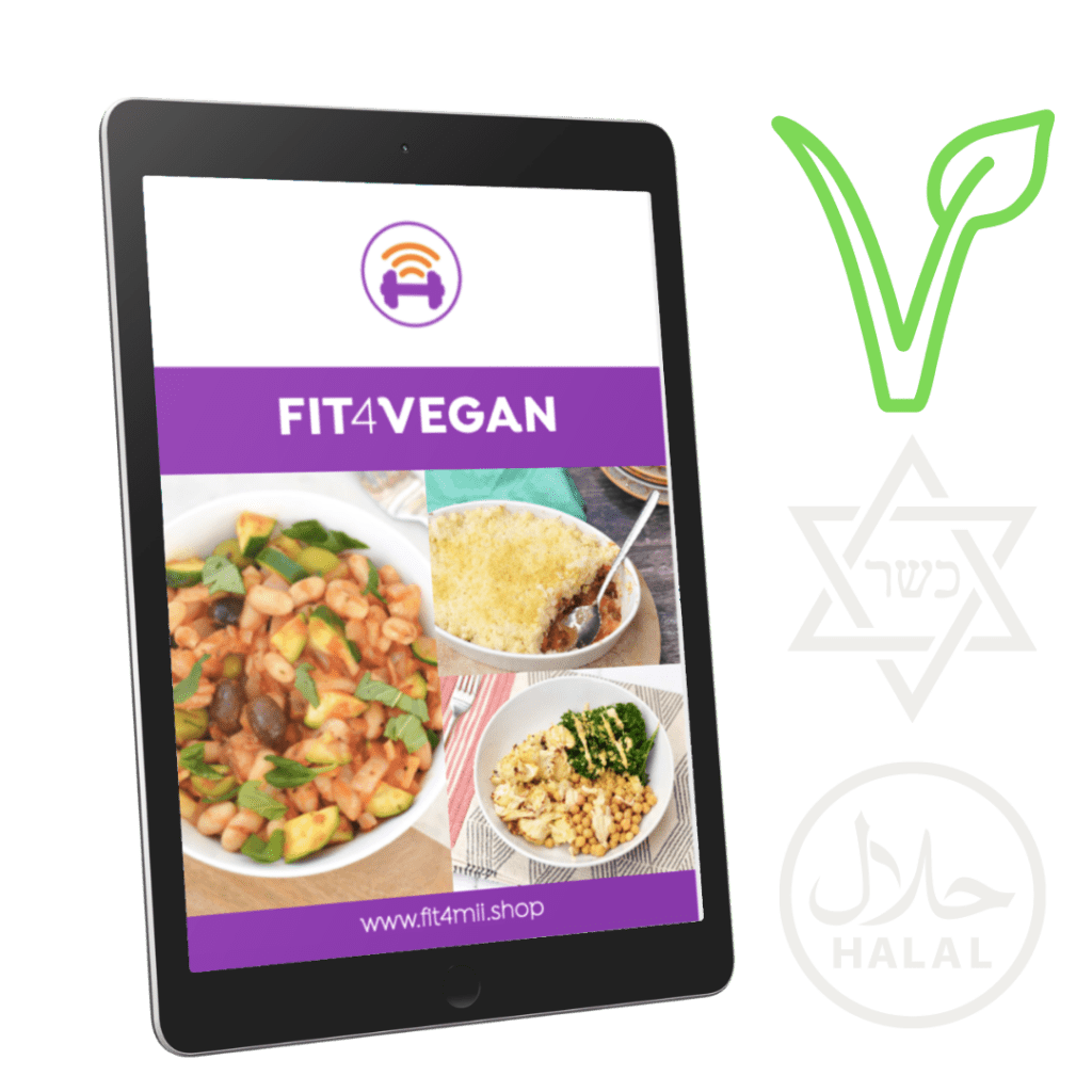 Image shows a tablet the Fit4Vegan Vegan Recipe Book Cover on the Screen. Next to the Tablet, there is a Green Vegan Logo, and cream icons for kosher and halal approved