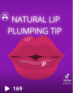 purple card with text. Thhe text reads "natural lip plumping tip"