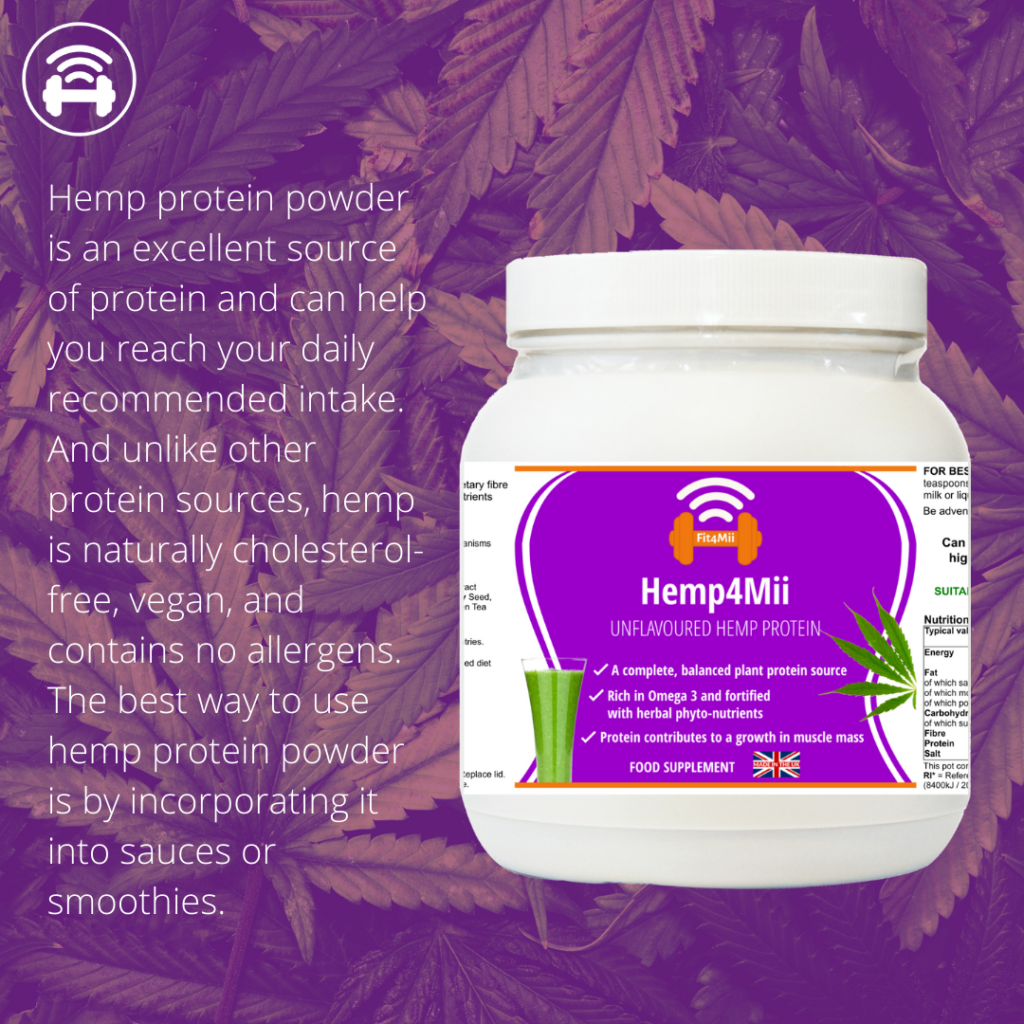hemp protein pot on purple cannabis leaves backdrop