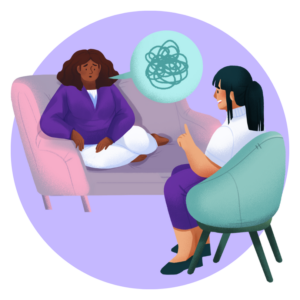 graphic showing woman and therapist talking face to face