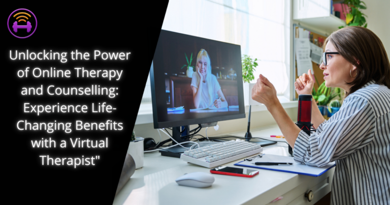 cover image for "Unlocking the Power of Online Therapy and Counselling Experience Life-Changing Benefits with a Virtual Therapist". Showing two women on a video-call with each other during a therapy session
