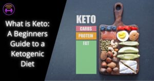 Cover image for "What is Keto: A beginners guide to a ketogenic diet". Image of a choking board with various fruits and vegetables, and the words " Keto, carbs, protein, fat" in large tip next to the food.
